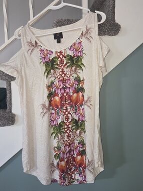 Floral Print Scoop Neck Women's Top - White/Pink/Orange